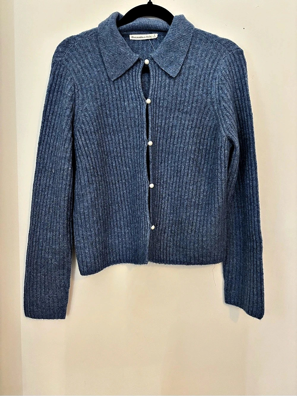 Abercrombie & Fitch Blue Ribbed Pearl-Button Cardigan Sweater Blue Button-Front